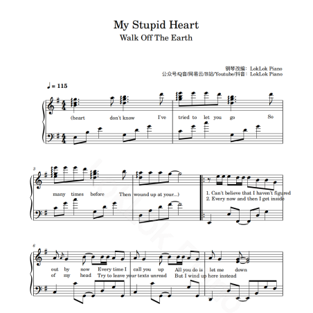 My Stupid Heart Piano Sheet Music
