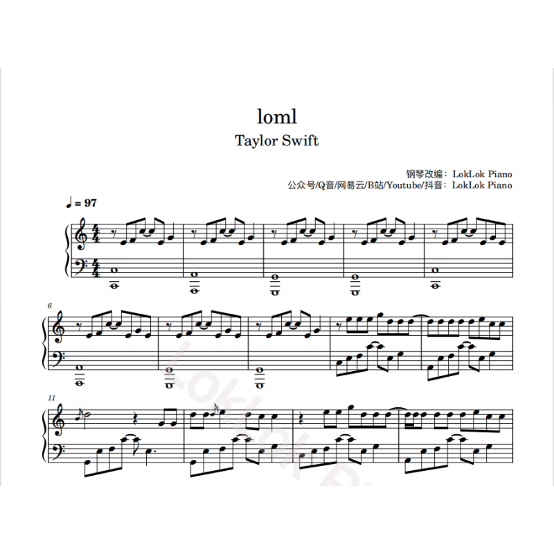 loml 霉霉 钢琴谱 五线谱