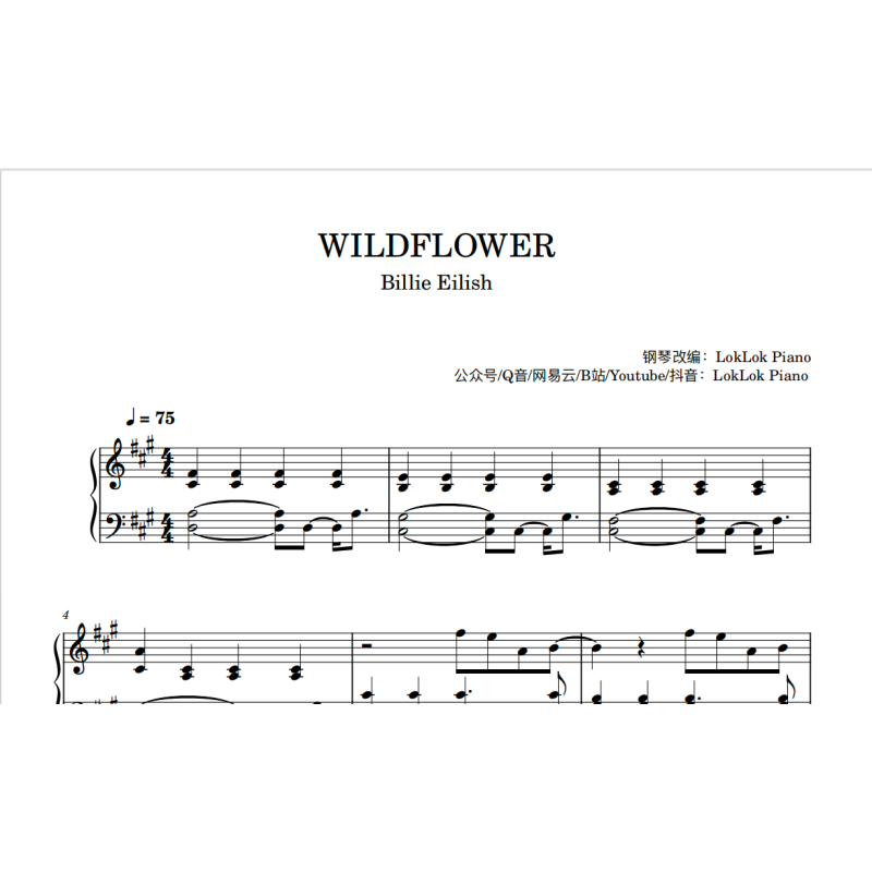 WILDFLOWER 碧梨 野花 钢琴谱 五线谱